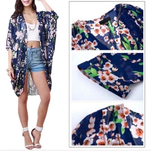Blue Cherry Blossom Floral Cover Up Size S Kimono - Picture 4 of 8